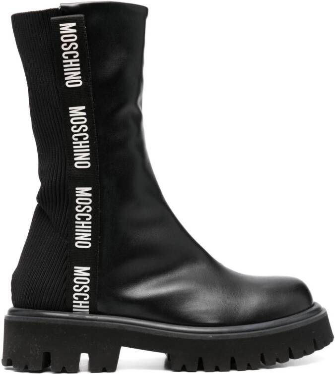 Moschino logo-tape 40mm leather knee-boots Black