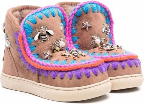 Mou Kids embroidered shearling-lined boots Brown