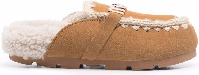 Mou logo-plaque shearling mules Brown