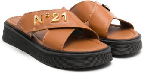 Nº21 Kids logo-lettering leather sandals Brown