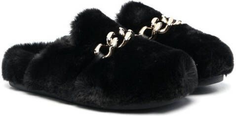 Nº21 Kids chain detail furry slippers Black