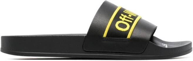 Off-White logo-print leather slides Black