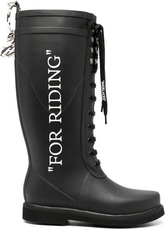 Off-White quote-motif lace-up riding boots Black
