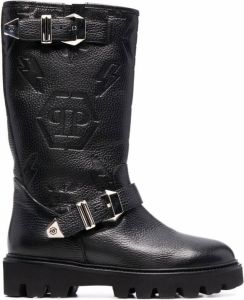Philipp Plein Biker monogram-debossed leather boots Black