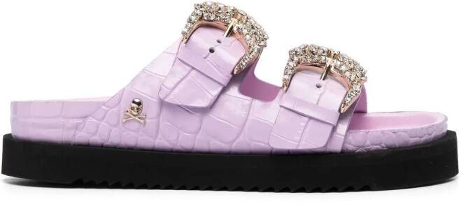 Philipp Plein crystal buckle leather sandals Purple