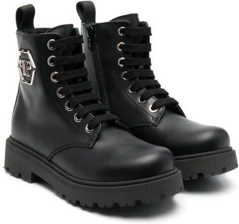 Philipp Plein Junior hexagon logo leather boots Black