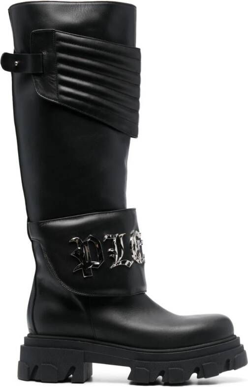 Philipp Plein logo-plaque 50mm leather knee-high boots Black