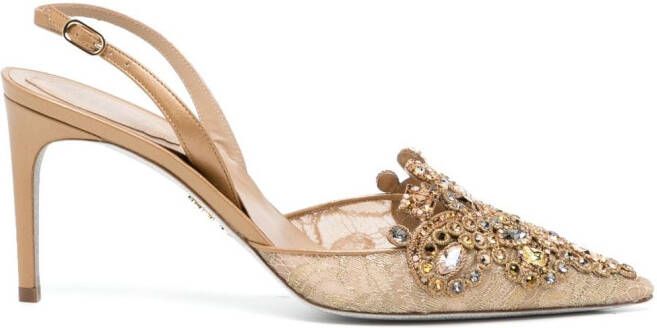 René Caovilla 70mm crystal-embellished lace pumps Gold
