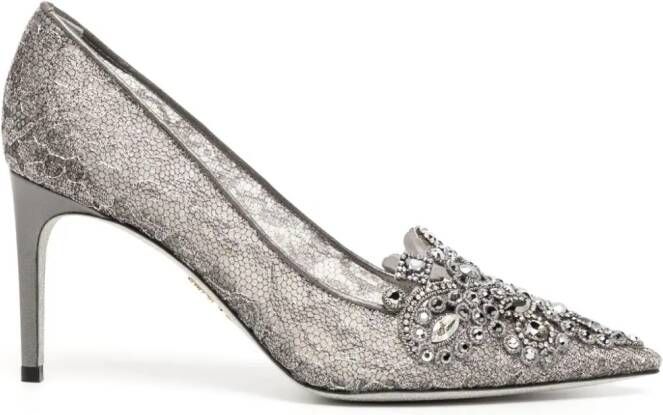 René Caovilla 80mm crystal-embellished lace pumps Grey