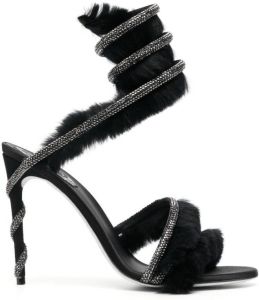 René Caovilla Cleo faux-fur rhinestone sandals Black