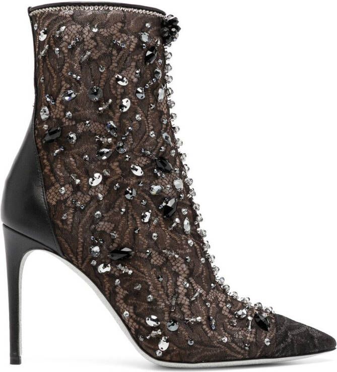 René Caovilla crystal-embellished lace ankle boots Black