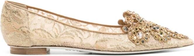 René Caovilla crystal-embellished lace ballerina shoes Gold