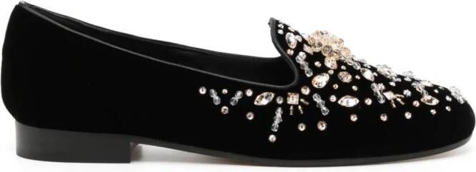 René Caovilla crystal-embellished velvet loafers Black
