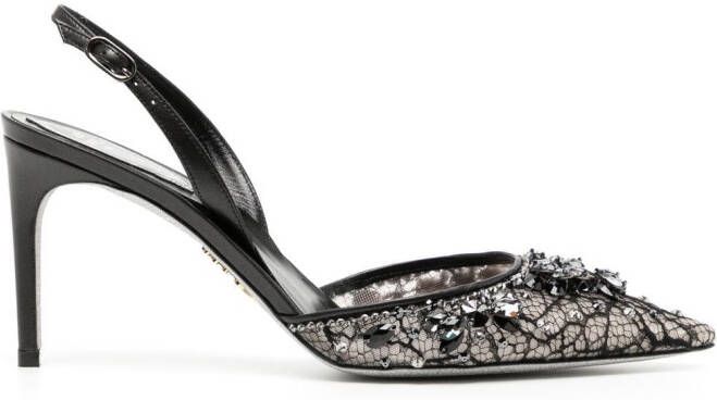 René Caovilla lace embellished crystal sling back sandals Black