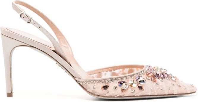 René Caovilla lace embellished sling back pumps Brown