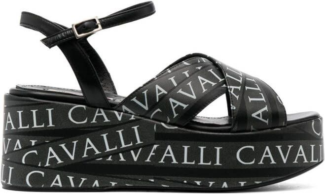 Roberto Cavalli 70mm logo-print wedge sandals Black