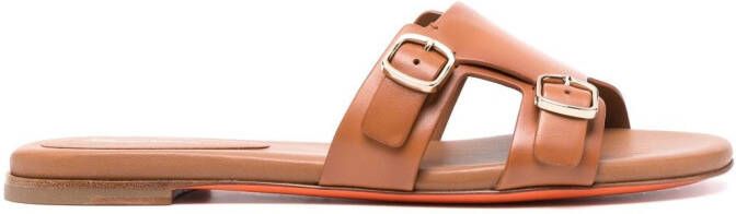 Santoni double-buckle leather slides Brown