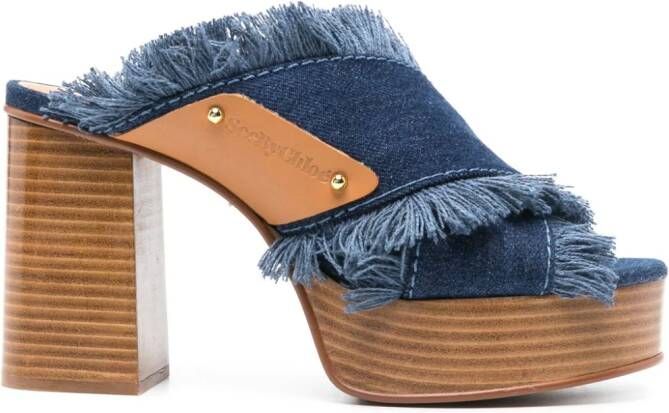 See by Chloé 100mm frayed-detailing denim mules Blue