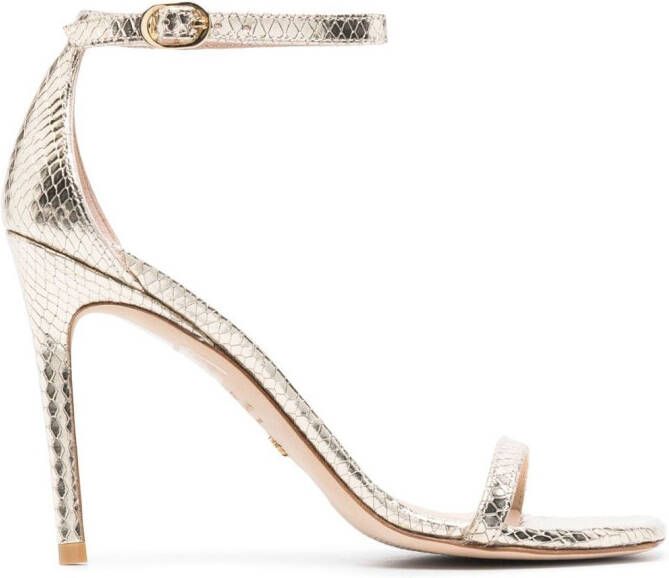 Stuart Weitzman 100mm snakeskin-effect stiletto sandals Gold