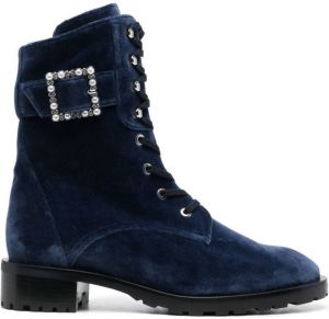 Stuart Weitzman 30mm embellished-buckle suede boots Blue