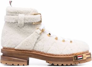 Thom Browne shearling logo-plaque lace-up boots White
