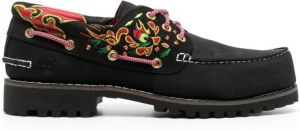 Timberland floral-embroidered leather boat shoes Black