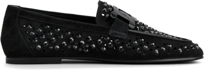 Tod's Kate rhinestone-embellished suede loafers Black