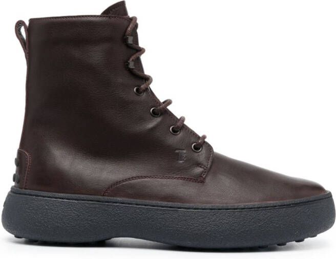Tod's round-toe lace-up leather boots Red