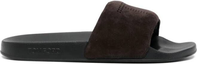 TOM FORD logo-perforated suede slides Brown