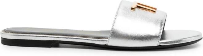TOM FORD logo-plaque metallic-leather slides Silver