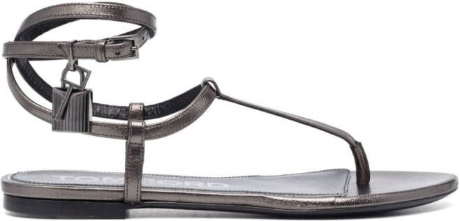 TOM FORD Padlock laminated-leather flat sandals Grey