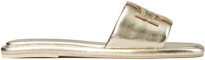 Tory Burch embossed-logo leather slides Gold