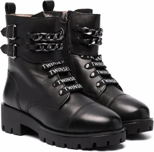 TWINSET Kids logo-laced leather boots Black