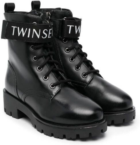 TWINSET Kids logo-strap leather combat boots Black
