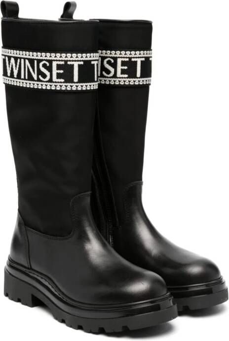 TWINSET Kids logo-tape knee-high boots Black