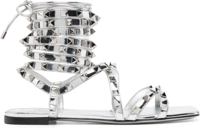Valentino Garavani Rockstud Gladiator metallic leather sandals Silver