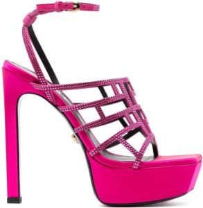 Versace Greca Maze 140mm crystal leather platform sandals Pink