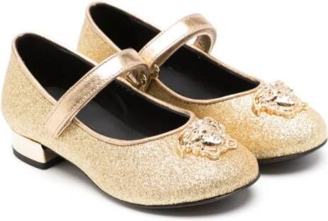 Versace Kids Medusa-plaque metallic leather ballerina shoes Gold