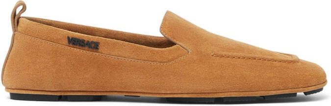 Versace logo-lettering suede loafers Brown