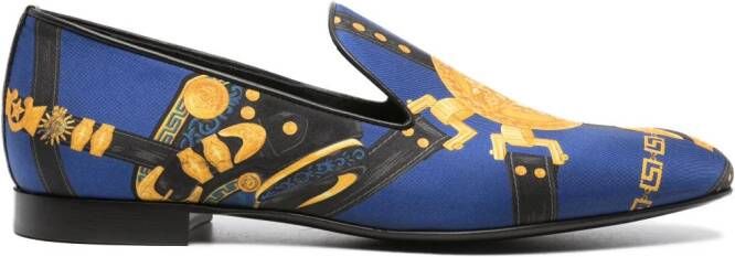 Versace Medusa Saddle-print silk slippers Blue