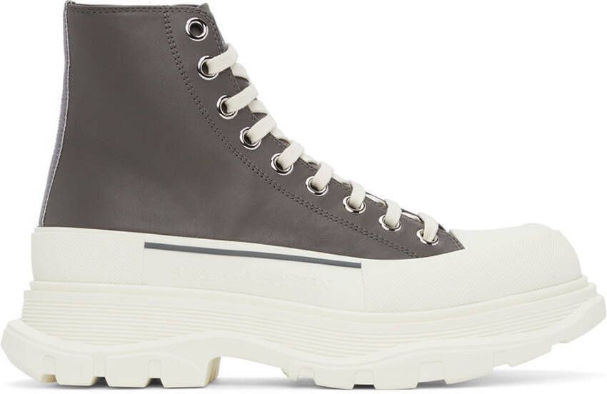 Alexander McQueen Grey Leather Tread Slick High Sneakers
