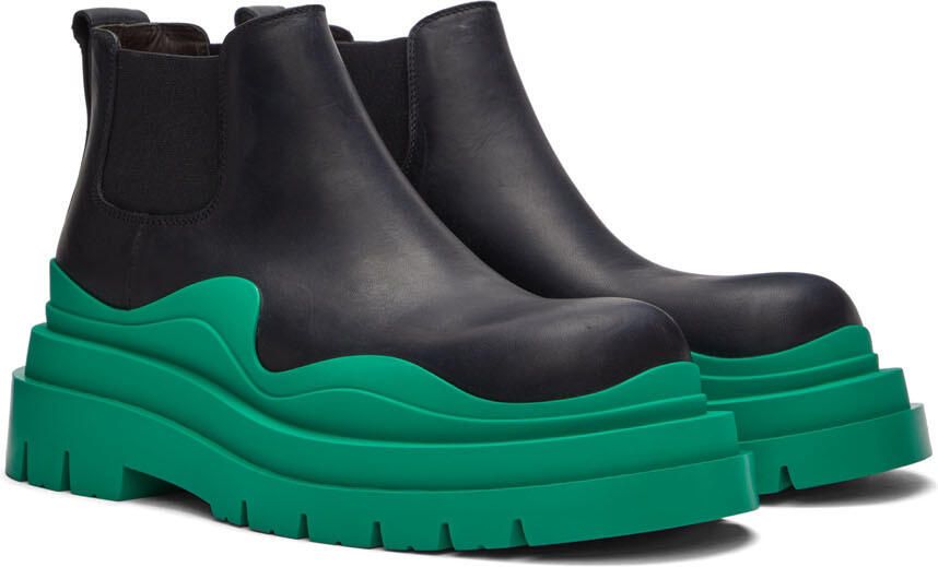 Bottega Veneta Black & Green Tire Chelsea Boots - Picture 2