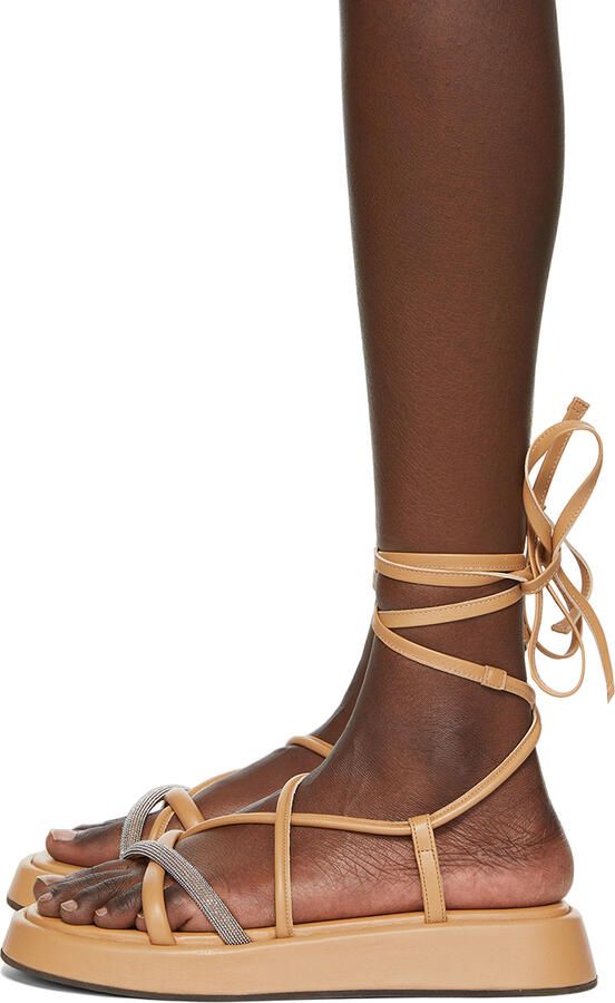 Brunello Cucinelli Tan Suede Ankle Tie Sandals