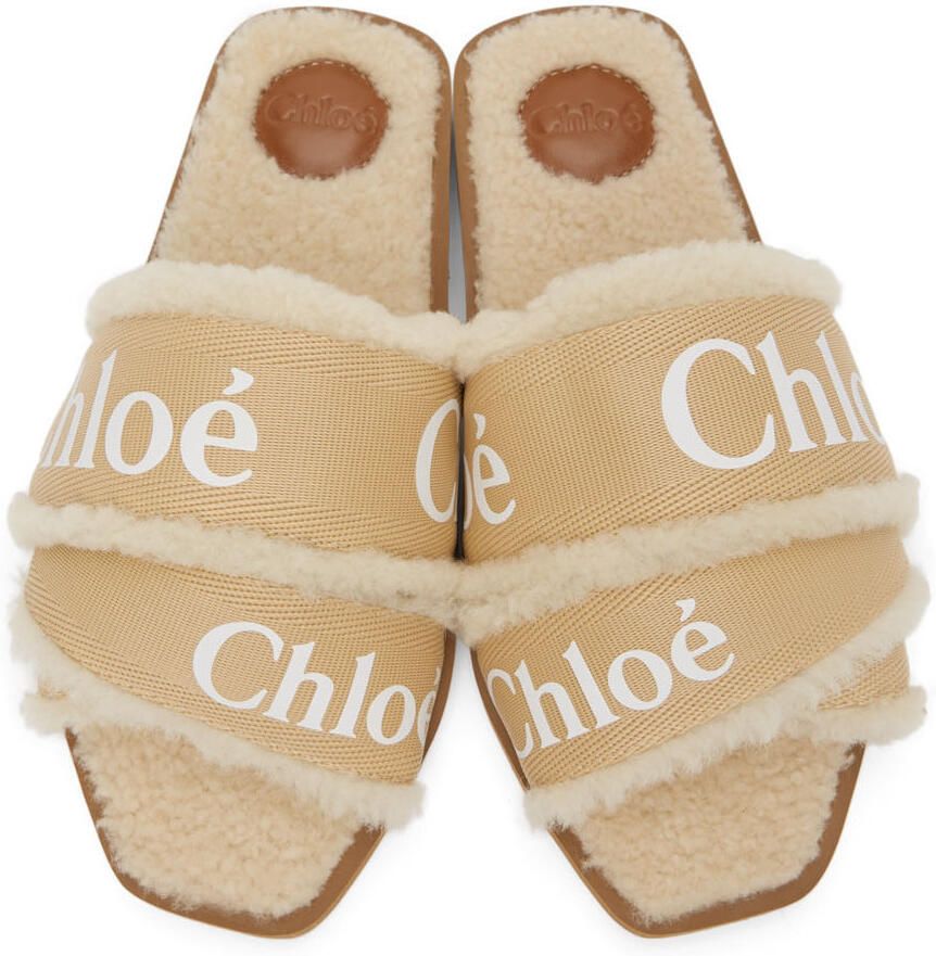 Chloé Beige Shearling Woody Flat Mules