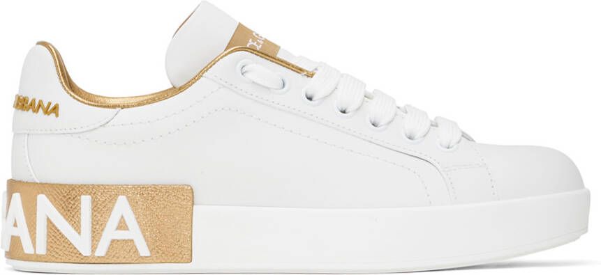 Dolce & Gabbana White & Gold Portofino Low Sneakers - Picture 1