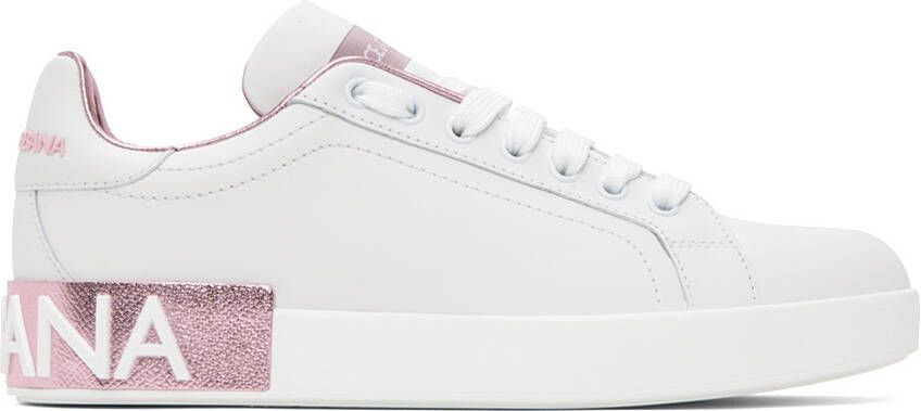 Dolce & Gabbana White & Pink Portofino Low Sneakers