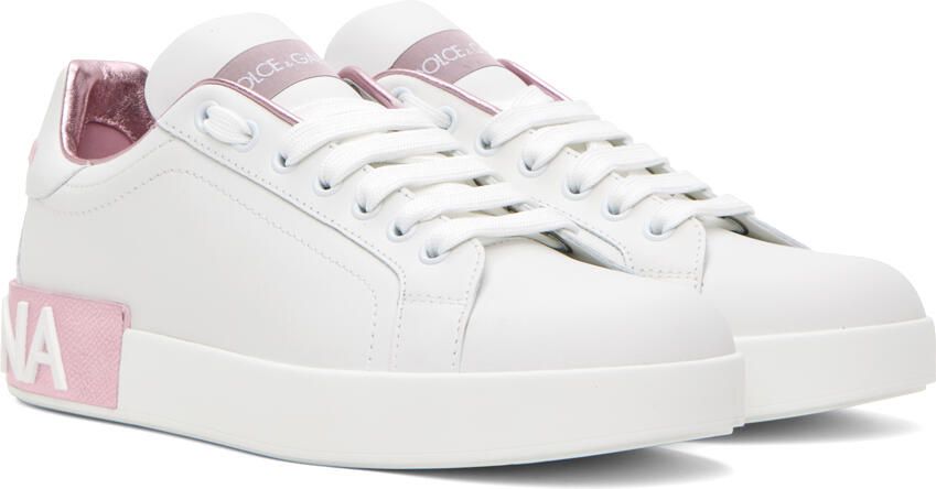 Dolce & Gabbana White & Pink Portofino Low Sneakers - Picture 2