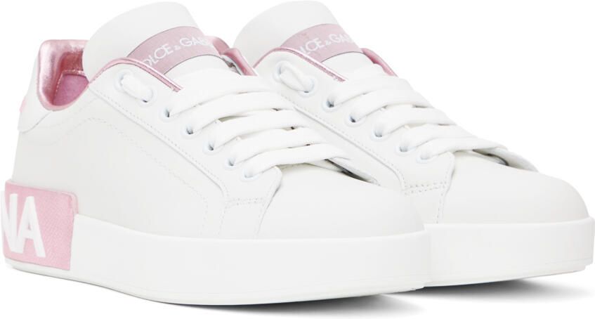 Dolce & Gabbana White & Pink Portofino Low Sneakers - Picture 3