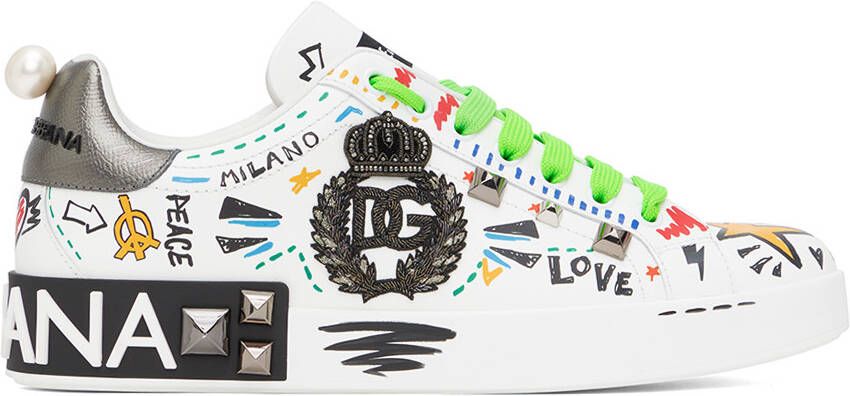 Dolce & Gabbana White Embroidery & Studs Portofino Sneakers