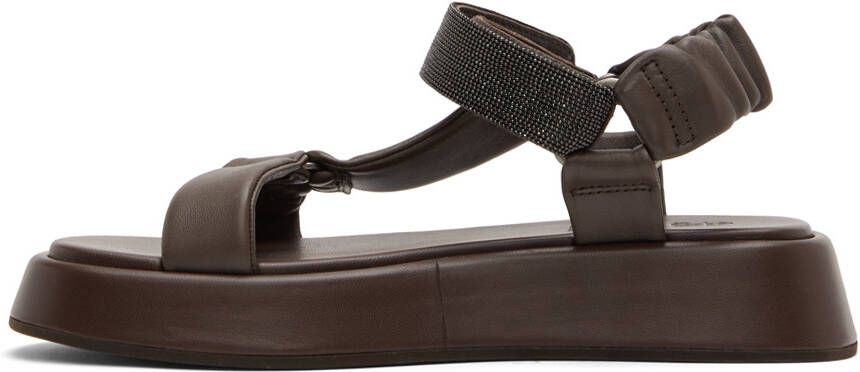 Brunello Cucinelli Brown Leather Crystal Velcro Sandals